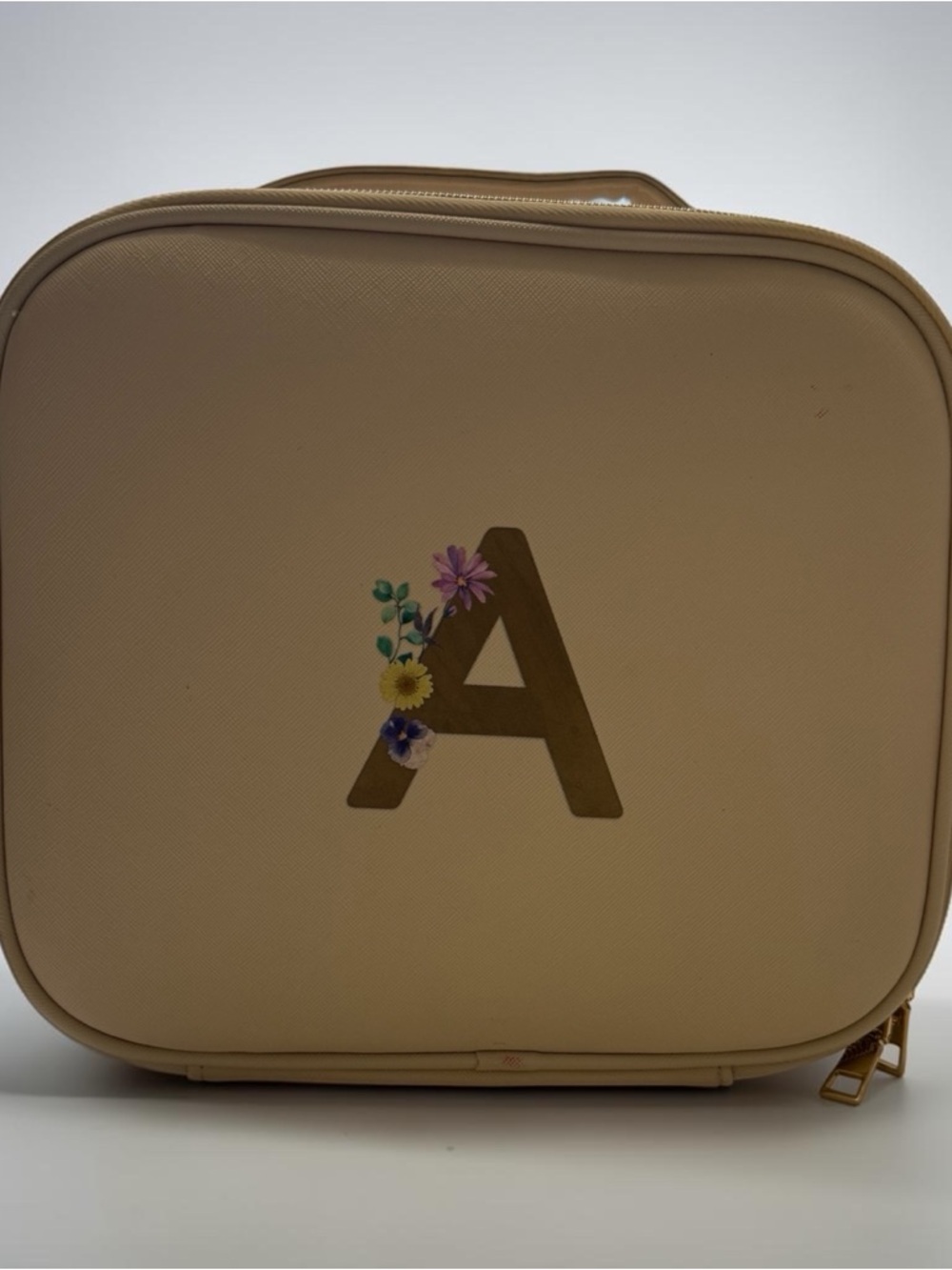 Beige Floral 'A' Accent Satchel Cosmetic Bag